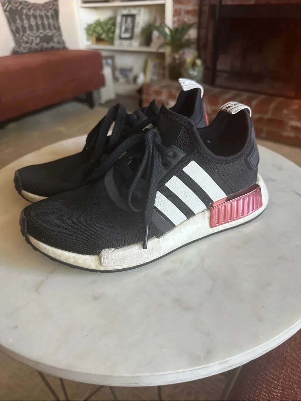 adidas Boost Women’s Black Sneakers with White Stripes and Pink Accent